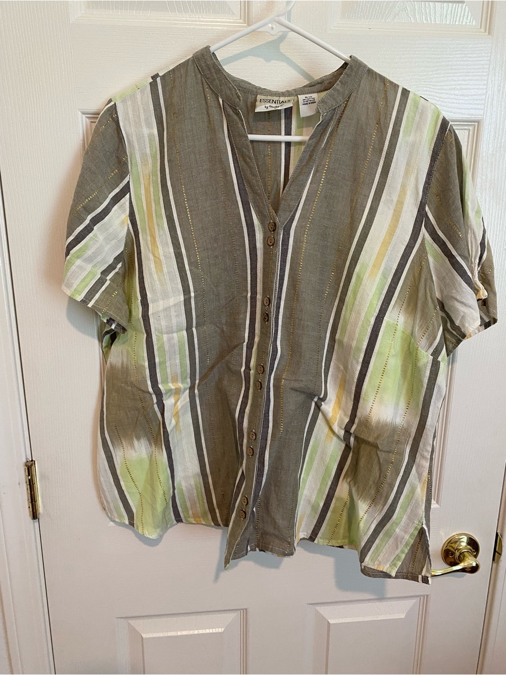 Striped Short-Sleeve Button-Front Top in Olive by Essentials
